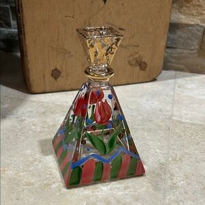 Vintage NOBLE EXCELLENCE Pyramid Red Tulip hand-painted glass Perfume Bottle